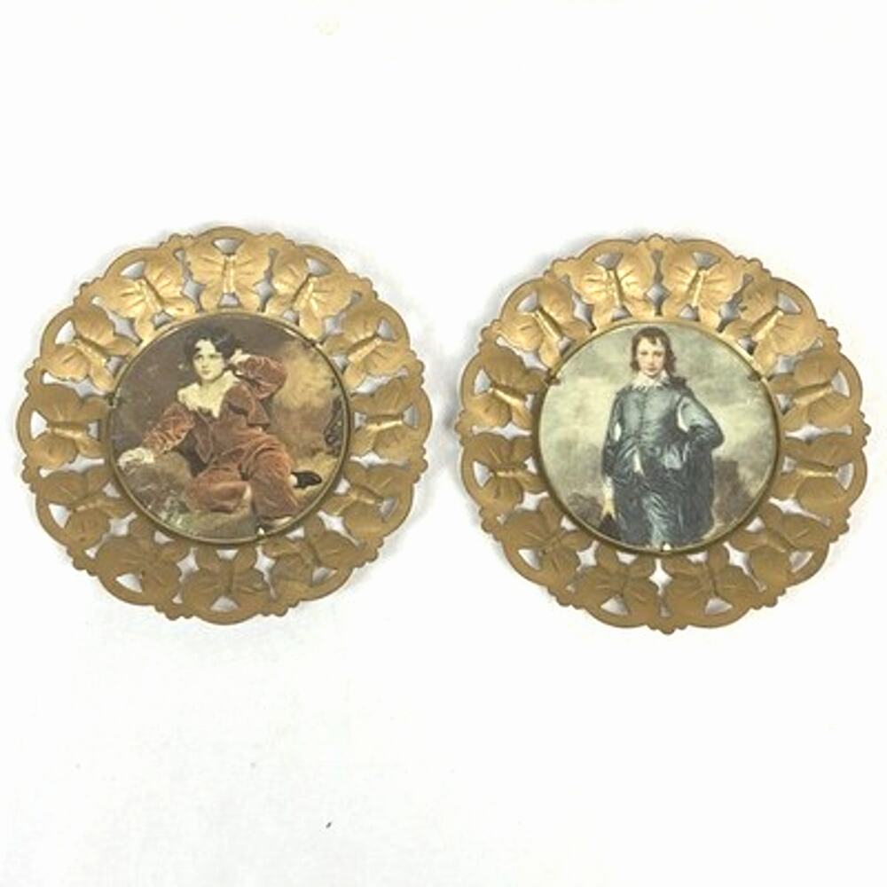 Vtg Set Brass Round Butterfly Wall Plaques Portraits Red Blue Boy 6” England
